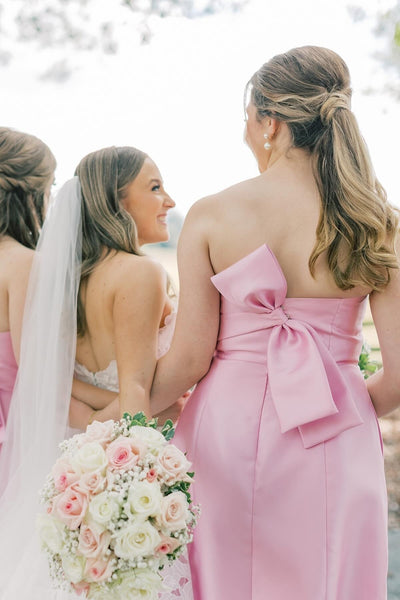 Strapless Pink Back Bow Bridesmaid Dress with Slit