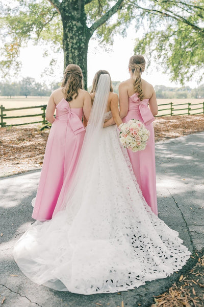 Strapless Pink Back Bow Bridesmaid Dress with Slit