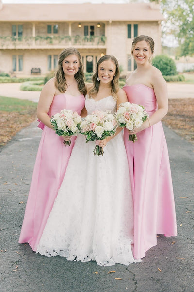 Strapless Pink Back Bow Bridesmaid Dress with Slit