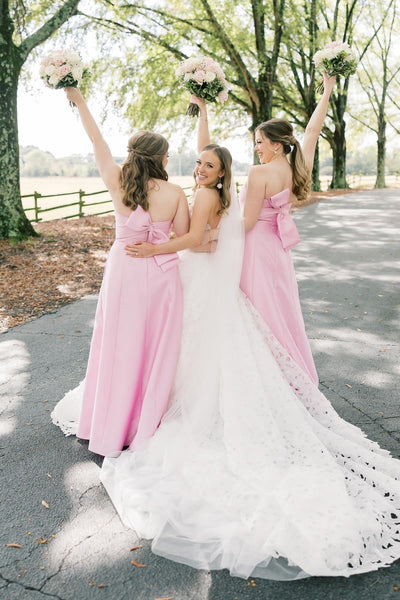 Strapless Pink Back Bow Bridesmaid Dress with Slit