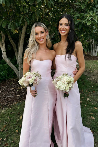 Strapless Pink Back Bow Bridesmaid Dress with Slit