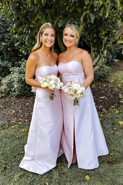 Strapless Pink Back Bow Bridesmaid Dress with Slit