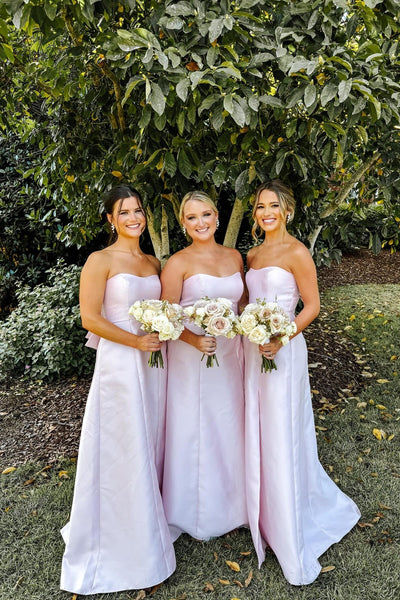 Strapless Pink Back Bow Bridesmaid Dress with Slit