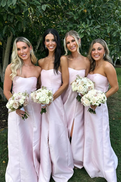 Strapless Pink Back Bow Bridesmaid Dress with Slit