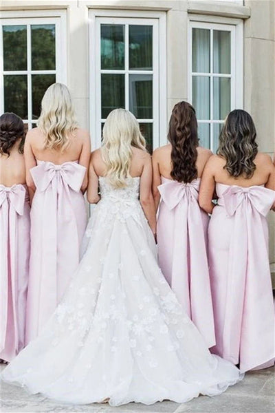 Strapless Pink Back Bow Sheath Bridesmaid Dress
