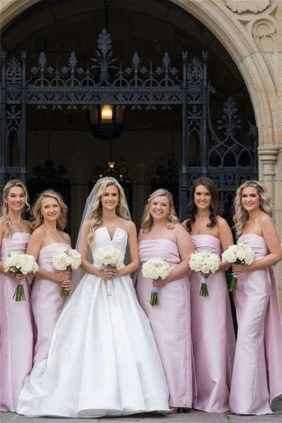 Strapless Pink Back Bow Sheath Bridesmaid Dress