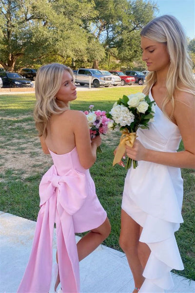Strapless Pink Back Bow Sheath Short Dress