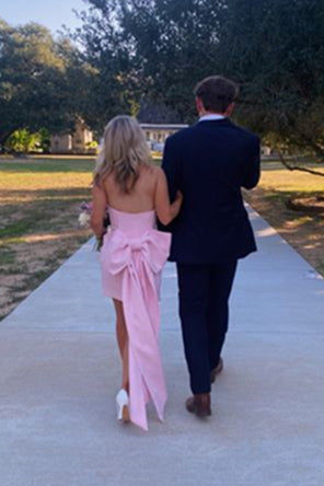 Strapless Pink Back Bow Sheath Short Dress