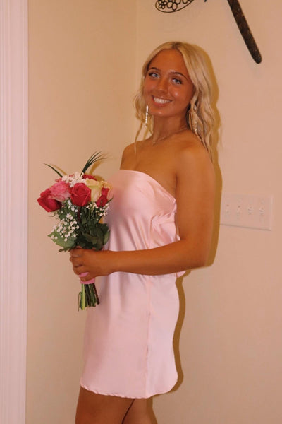 Strapless Pink Back Tie A-line Short Dress