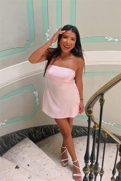 Strapless Pink Back Tie A-line Short Dress