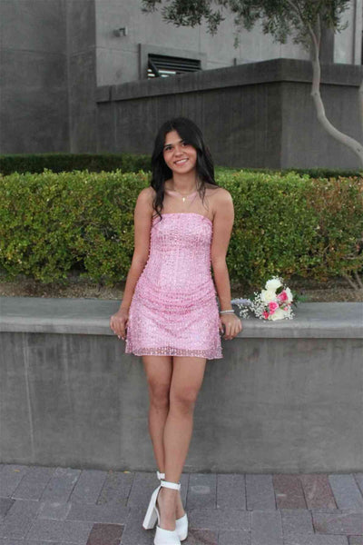 Strapless Pink Embellished A-line Short Dress