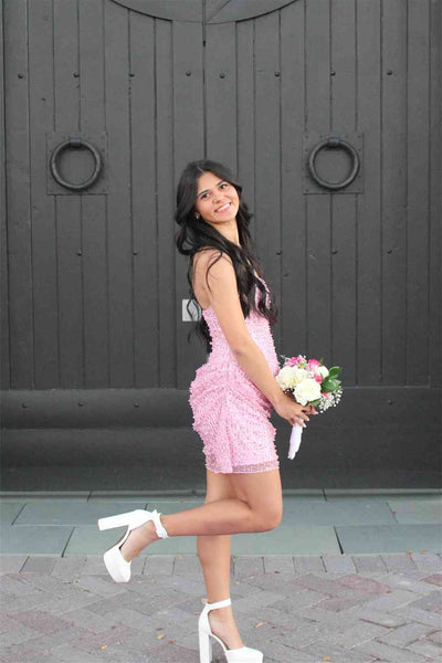 Strapless Pink Embellished A-line Short Dress