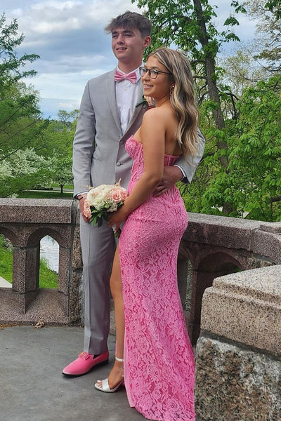 Strapless Pink Floral Lace Long Dress with Slit