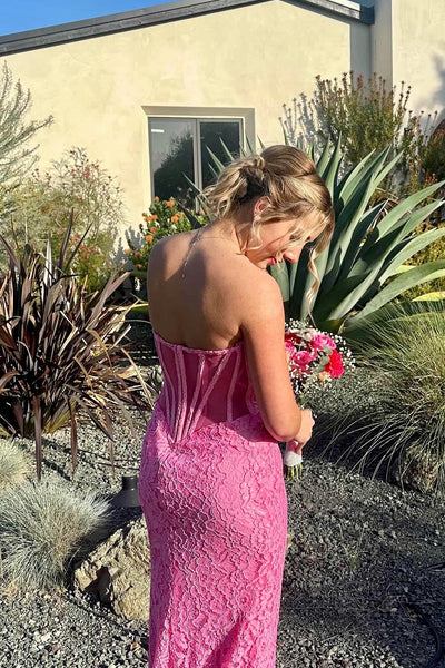 Strapless Pink Floral Lace Long Dress with Slit