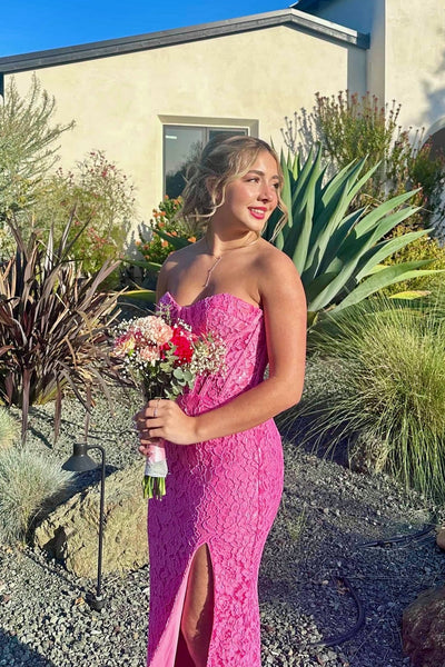 Strapless Pink Floral Lace Long Dress with Slit