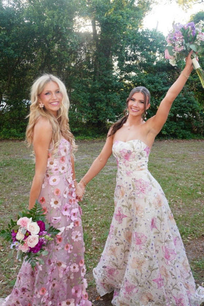 Strapless Ivory Floral Sequin A-line Long Dress