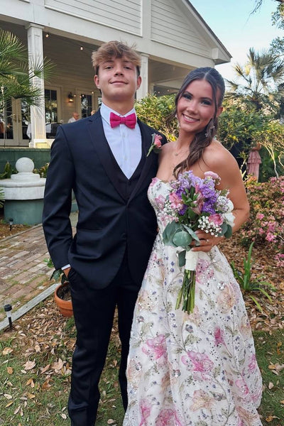 Strapless Ivory Floral Sequin A-line Long Dress