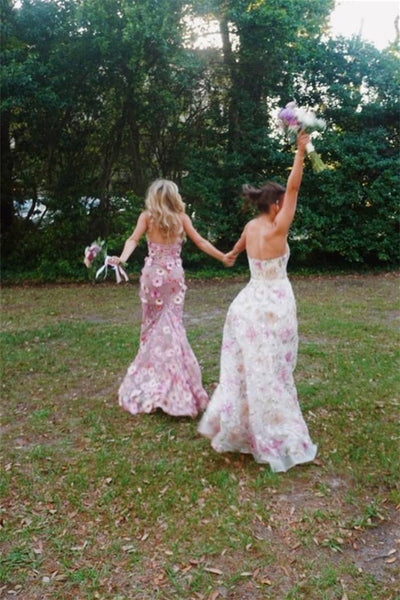 Strapless Ivory Floral Sequin A-line Long Dress
