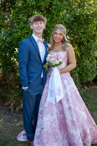 Strapless Pink Jacquard A-line Long Dress with Pearls