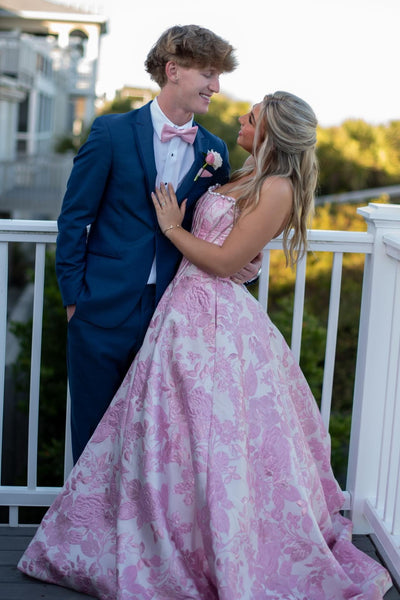 Strapless Pink Jacquard A-line Long Dress with Pearls