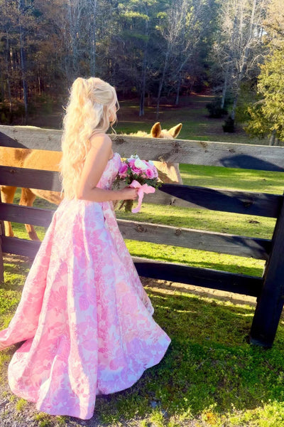 Strapless Pink Jacquard A-line Long Dress with Pearls