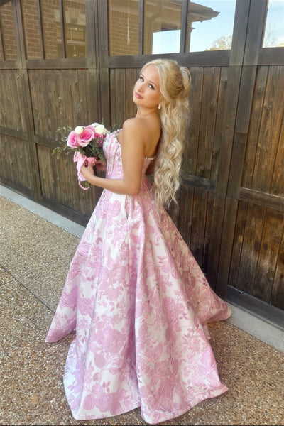 Strapless Pink Jacquard A-line Long Dress with Pearls