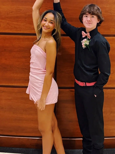 Square Neck Pink Sequin Short Dress with Side Train