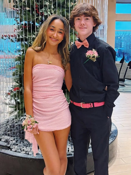 Square Neck Pink Sequin Short Dress with Side Train