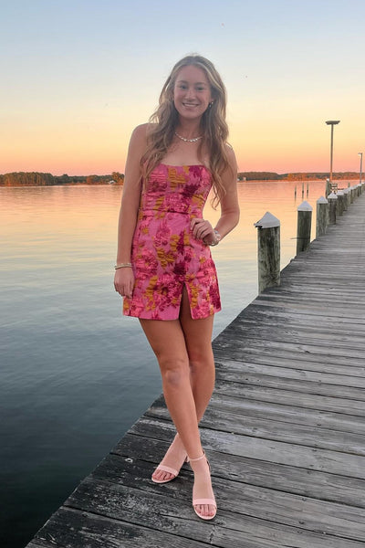Strapless Pink Jacquard Short Dress with Slit