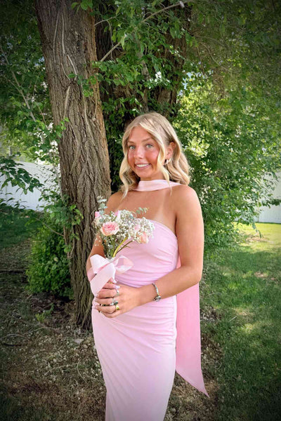 Strapless Pink Ruched Long Dress with Scarf