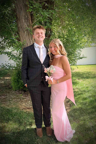 Strapless Pink Ruched Long Dress with Scarf