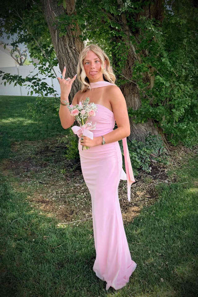 Strapless Pink Ruched Long Dress with Scarf