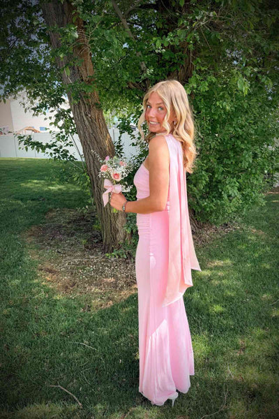Strapless Pink Ruched Long Dress with Scarf