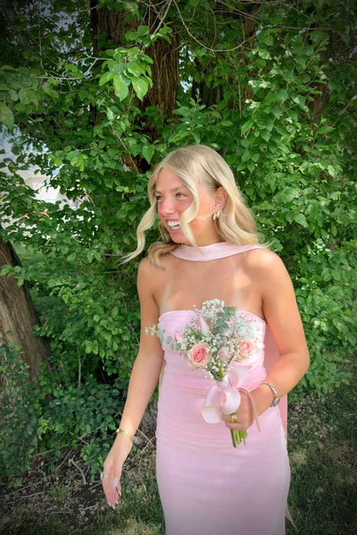 Strapless Pink Ruched Long Dress with Scarf