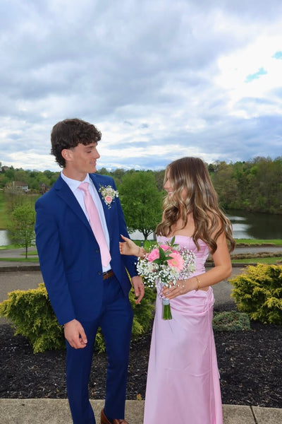 Strapless Pink Satin Long Dress with Cut-out