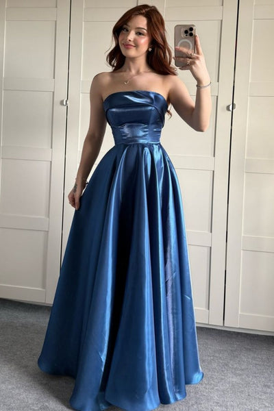 Strapless Pink Simple A-line Satin Long Dress