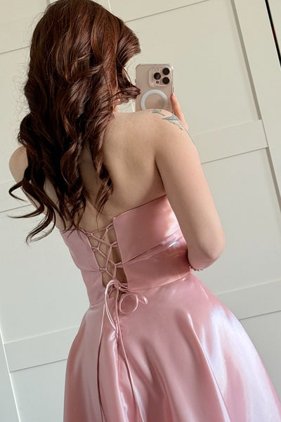 Strapless Pink Simple A-line Satin Long Dress