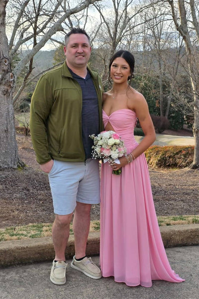 Strapless Pink Twist A-line Long Prom Dress with Keyhole