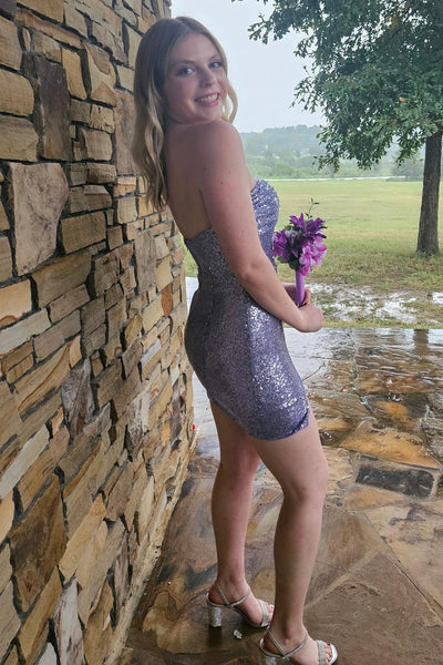 Strapless Purple Sequin Bodycon Short Dress