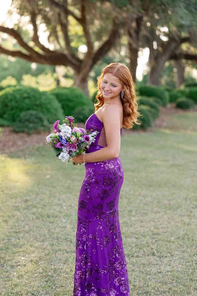 Strapless Purple Sequin Mermaid Long Dress