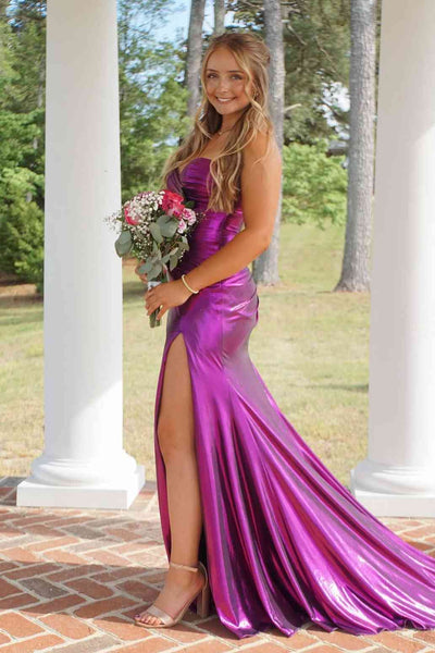Strapless Purple Twist Metallic Long Dress with Slit