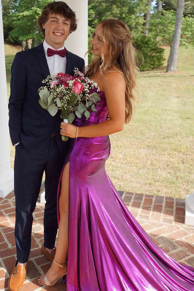 Strapless Purple Twist Metallic Long Dress with Slit