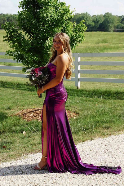 Strapless Purple Twist Metallic Long Dress with Slit