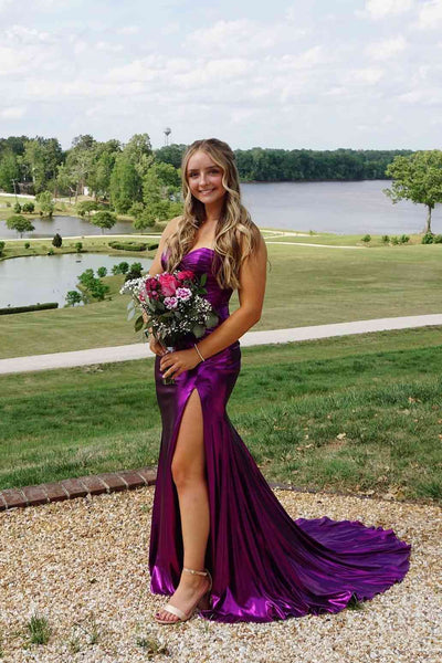 Strapless Purple Twist Metallic Long Dress with Slit