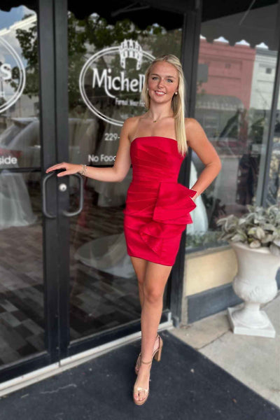 Strapless Red Ruched Short Dress With Side Ruffle