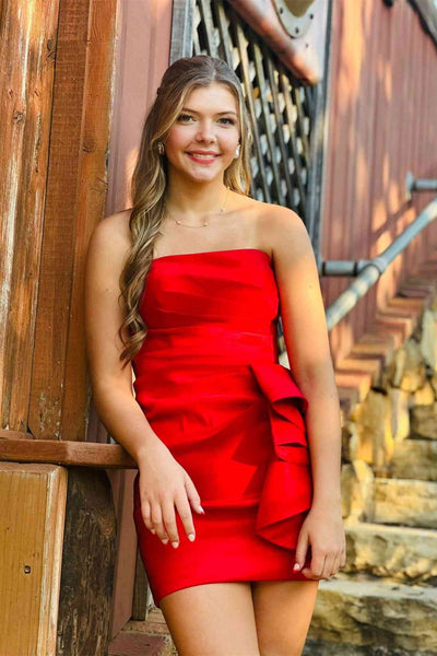 Strapless Red Ruched Short Dress With Side Ruffle