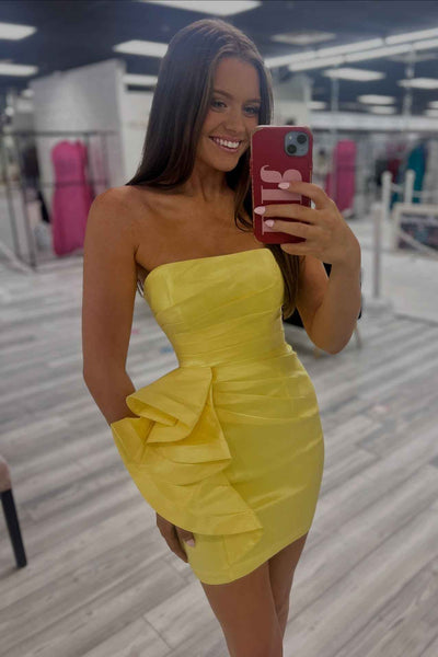 Strapless Red Ruched Short Dress With Side Ruffle