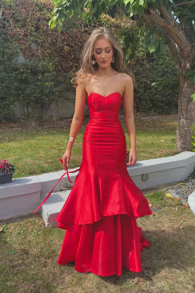 Strapless Red Ruffle Tiered Mermaid Long Prom Dress