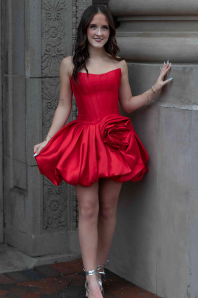 Strapless Red Short Dress With 3D Rosette