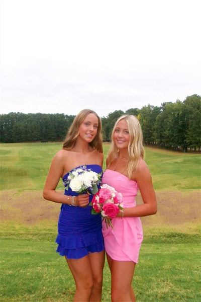 Strapless Royal Blue Ruched Tiered Short Dress